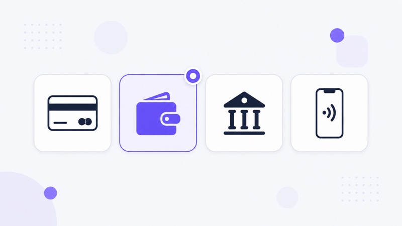 Six payment method icons, PayID, PayTo, debit card, prepaid voucher, crypto and bank transfer, arranged for comparison